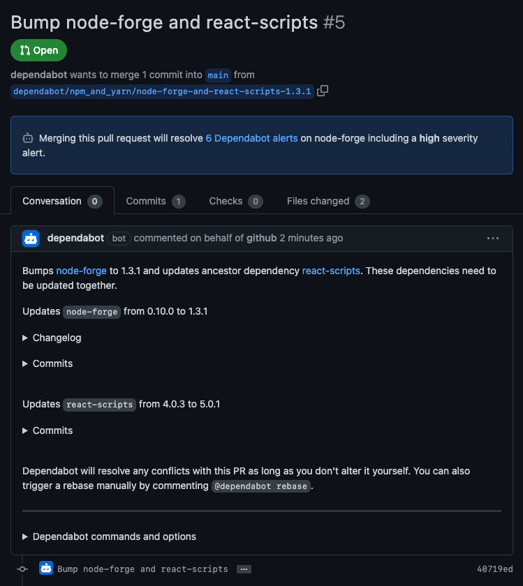 Screenshot of an open pull request that tells the developer about the transitive dependency and its top-level ancestor. The pull request is titled "Bump node-forge and react-scripts" and has a message from Dependabot that reads, "Merging this pull request will resolve 6 Dependabot alerts on node-forge including a high severity alert."