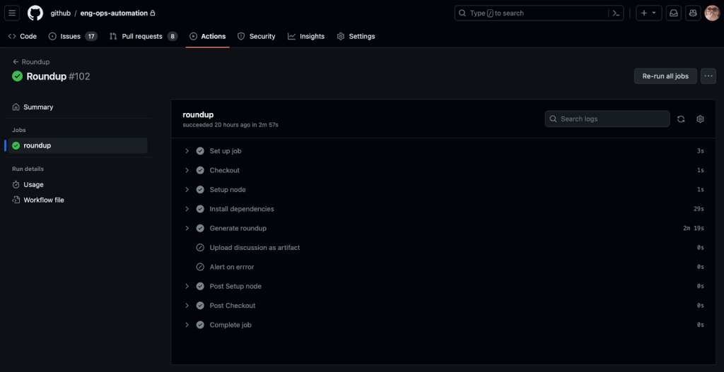 Screenshot of the GitHub Actions workflow in the eng-ops-automations repository that creates roundups of activity based on labels and posts them as discussions in the github/engineering repository.