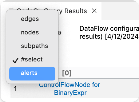 Change the view on your CodeQL query results to "alerts."