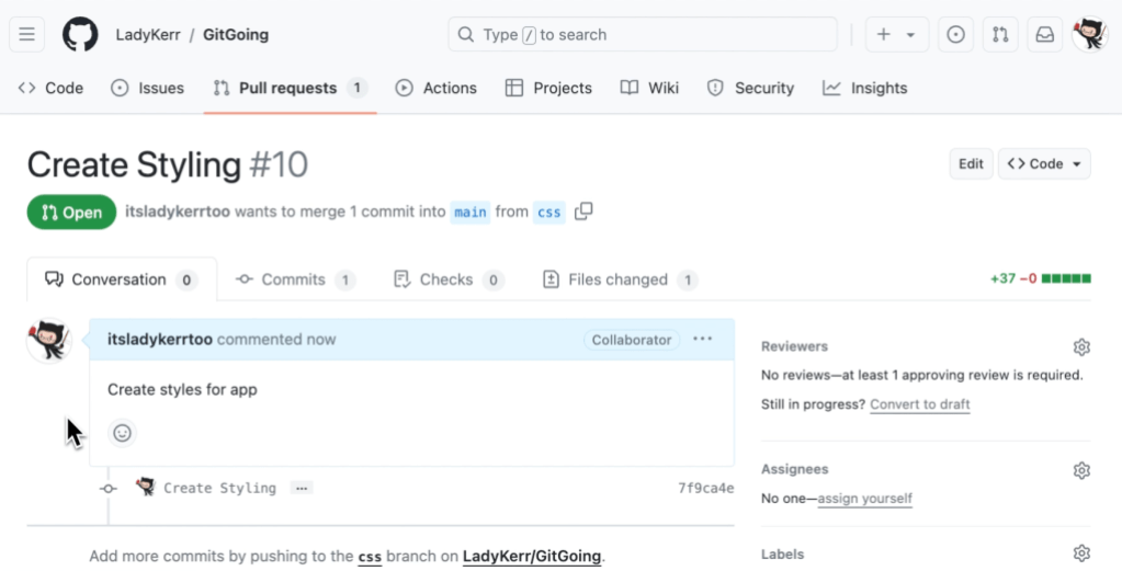 View of style.css in GitHub Desktop, with the option to commit the changed file to the CSS branch.