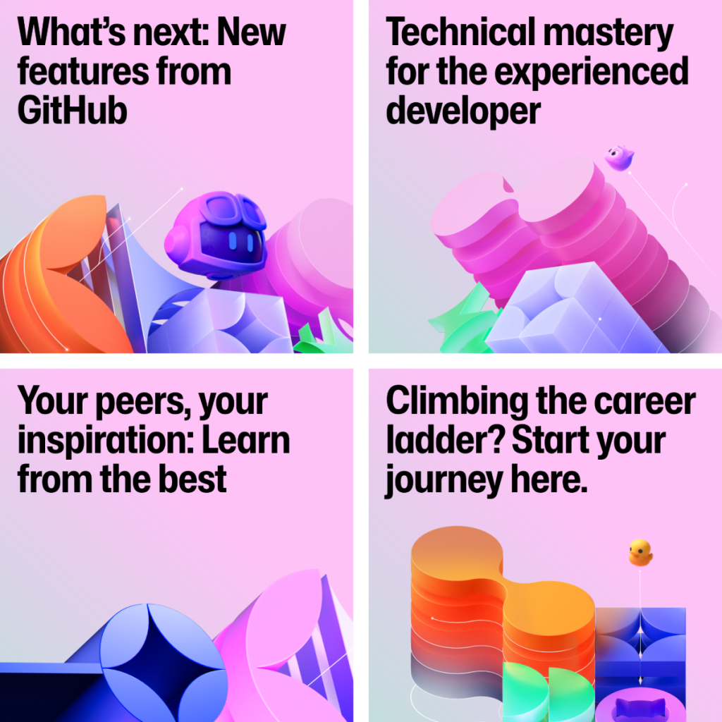 Illustration with abstract 3D shapes in pink, purple, and green, accompanied by headlines in bold black text on a pink gradient background.