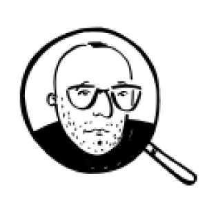 A black-and-white cartoon illustration of one of GitHub's top security researchers, who began their career in journalism, depicted inside a magnifying glass.