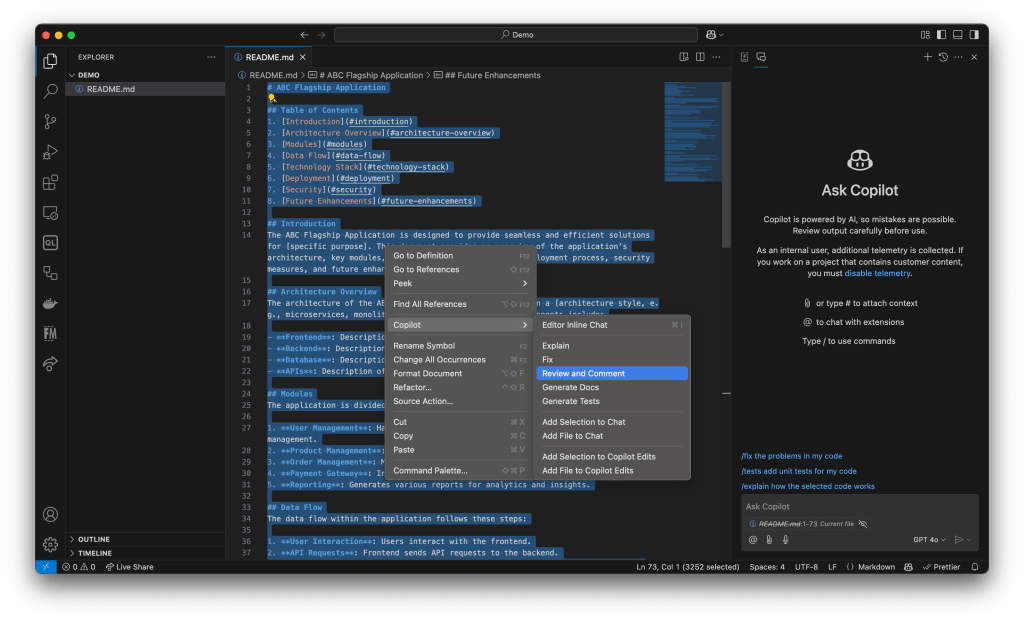Screenshot of a VS Code window showing a README.md file with selected text. The Copilot context menu is open, highlighting the ‘Review and Comment’ option. The right panel displays the ‘Ask Copilot’ chat interface.