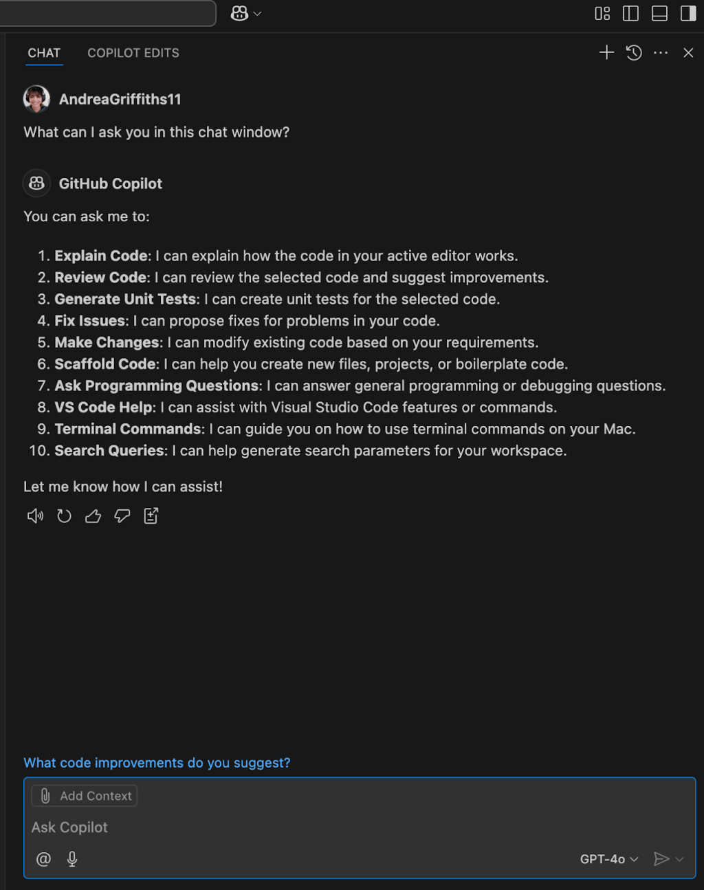 GitHub Copilot chat interface showing the 'Ask Copilot' panel. The interface displays the Copilot robot logo at the top, followed by 'Ask Copilot' heading. Below that is a disclaimer stating 'Copilot is powered by AI, so mistakes are possible. Review output carefully before use.' The interface includes instructions: 'or type \# to attach context', 'to chat with extensions', and 'Type / to use commands'. At the bottom is a chat input field with the placeholder text 'Ask Copilot' and buttons to add context, with 'GPT-4o' shown as the current model.