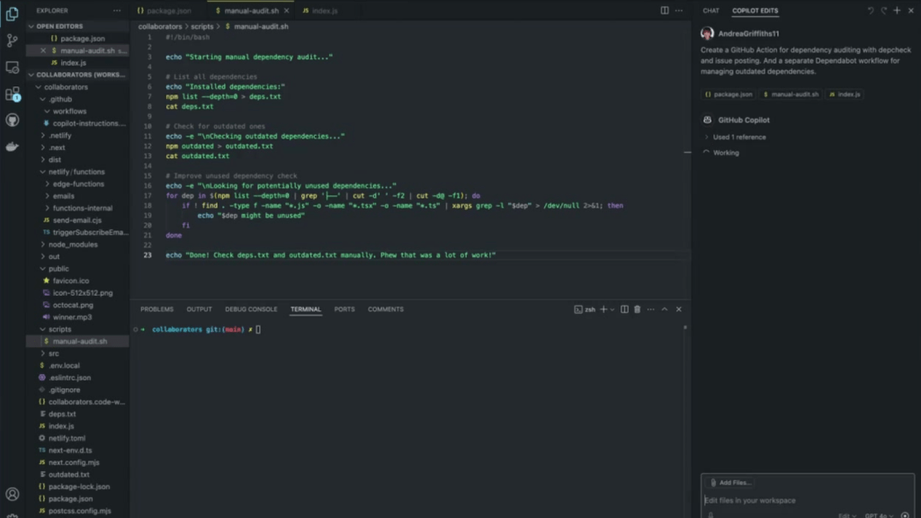 A screenshot of VS Code showing a Bash script for manual dependency auditing. The script named 'manual-audit.sh' is open in the editor, displaying code that lists dependencies, checks for outdated ones, and identifies potentially unused packages. The script outputs results to deps.txt and outdated.txt files. The left panel shows a file explorer with various project files including JavaScript files and configuration files. On the right side, there's a prompt to GitHub Copilot to 'Create a GitHub Action for dependency auditing with depcheck and issue posting. And a separate Dependabot workflow for managing outdated dependencies.'