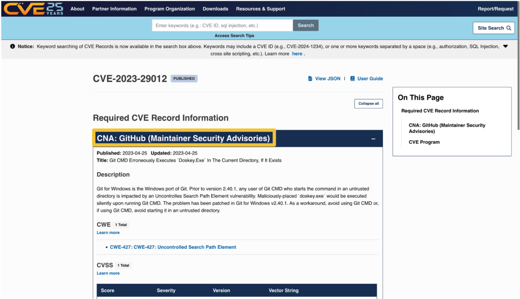 A screenshot of the cve.org record for CVE-2023-29012, with a yellow rectangle drawn around the “CNA” field to draw attention to the fact that “GitHub (Maintainer Security Advisories)” is the CNA for CVE-2023-29012.