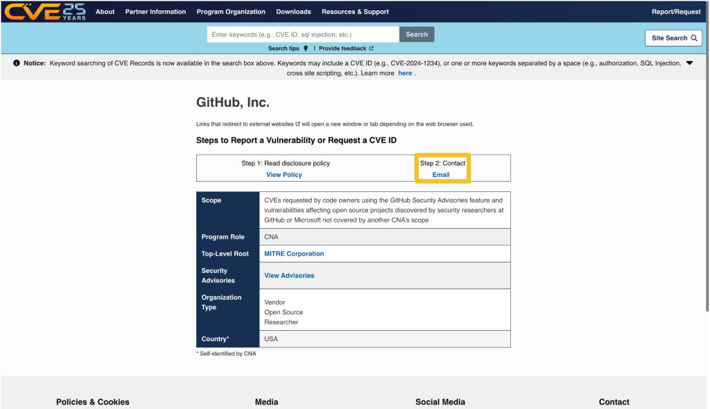 A screenshot of the cve.org entry for the CNA “GitHub, Inc.” A yellow rectangle is drawn around a header and a link. The header reads “Step 2: Contact” and shows a link that says “Email” directly below the header.