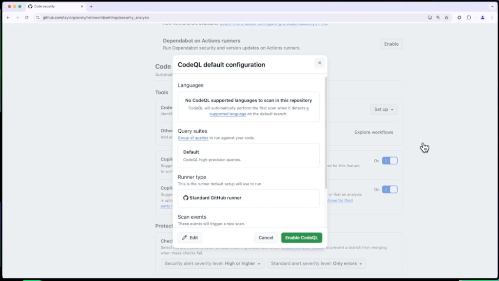 A screenshot showing the window where you can enable CodeQL analysis.