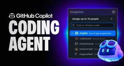 A banner image for GitHub Copilot coding agent. On the right, a drop-down list of assignees has "Copilot: Your AI pair programmer" highlighted at the top, with four other names below.